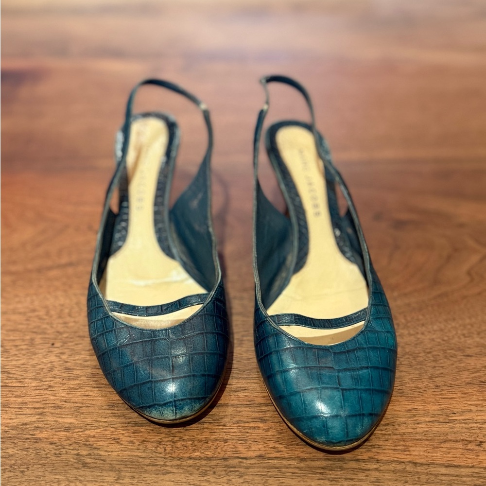 Marc Jacobs Teal Croc-Embossed Slingback Heels - Picture 2 of 4